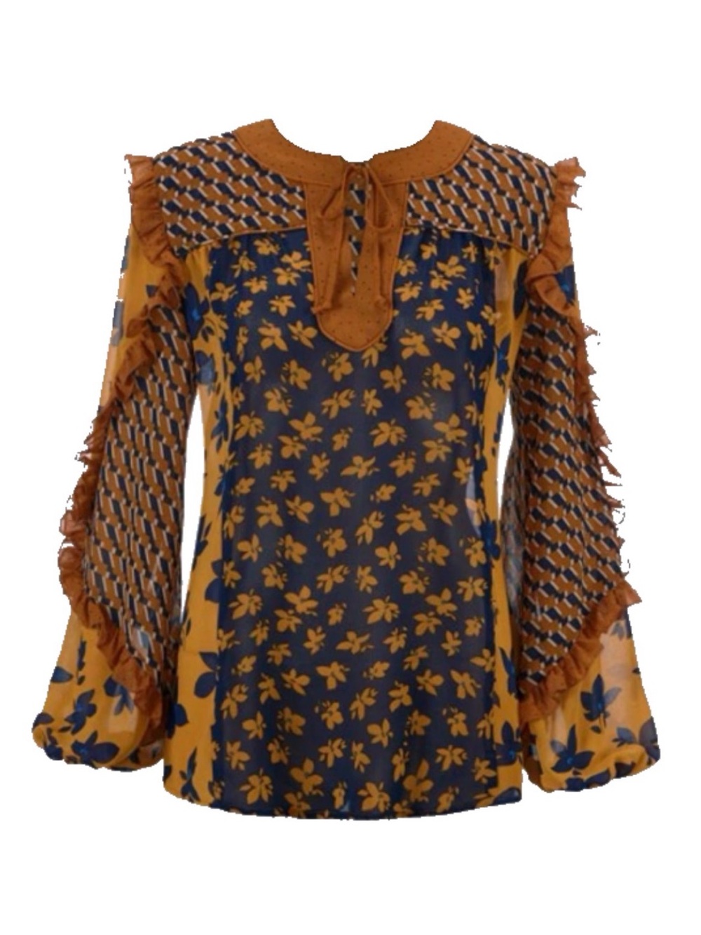 Cabi Golden Eye Harmony Floral Contrast Ruffle Blouse in Mustard and Navy